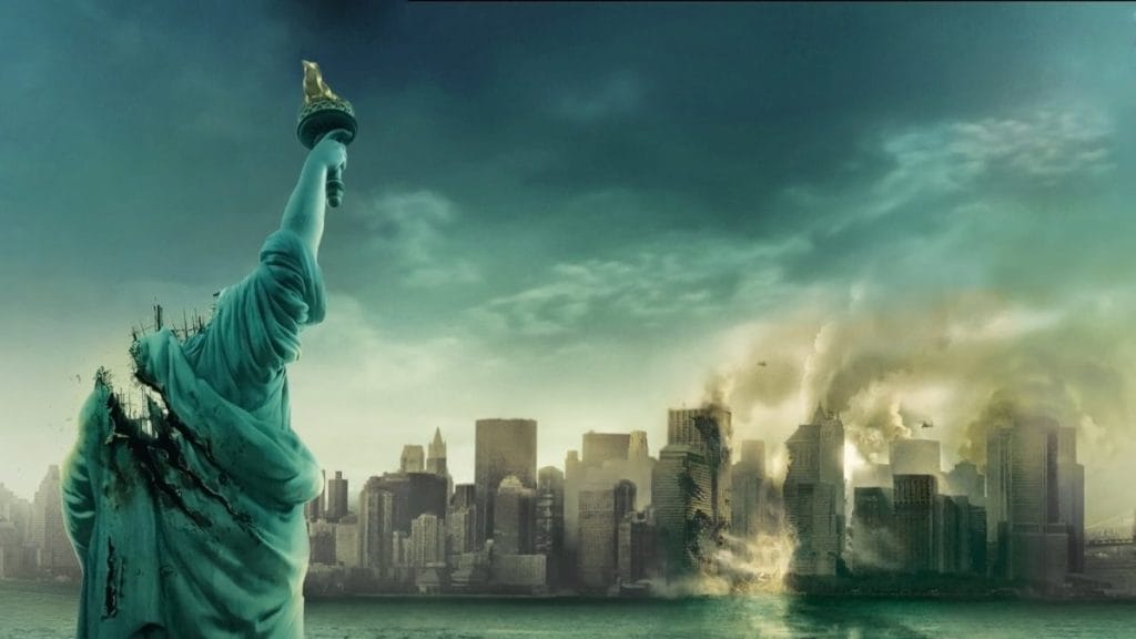 Promotional still for Cloverfield. It features the statue of liberty missing its head and a post-apocalyptic New York City
