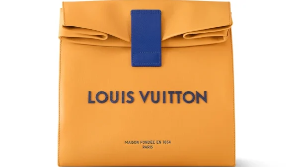 Product image of front of Louis Vuitton sandwich bag, orange with blue fastening and writing