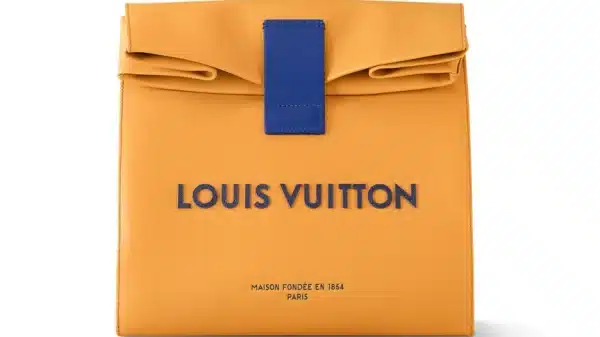 Product image of front of Louis Vuitton sandwich bag, orange with blue fastening and writing