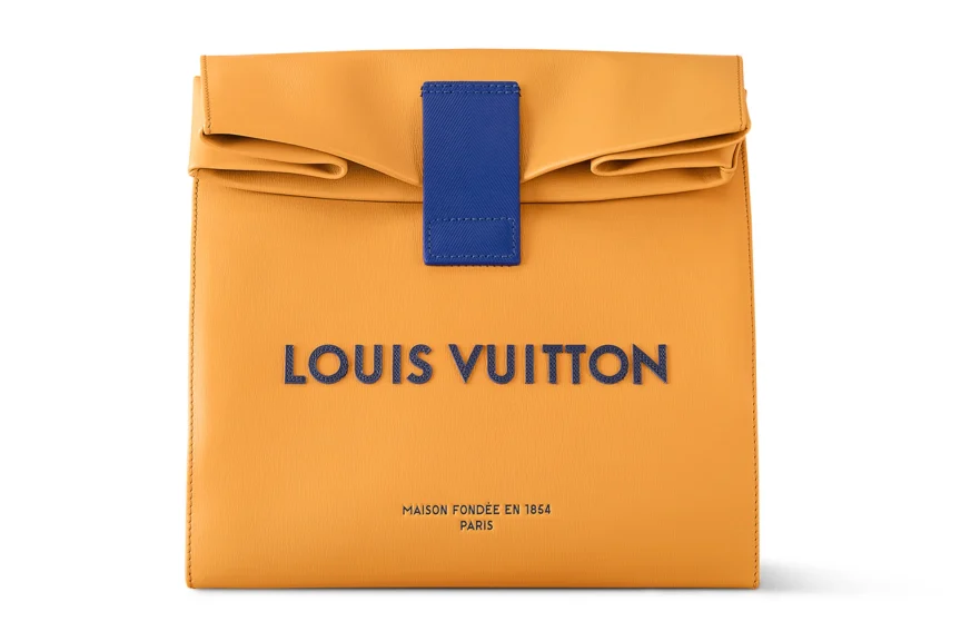 Product image of front of Louis Vuitton sandwich bag, orange with blue fastening and writing
