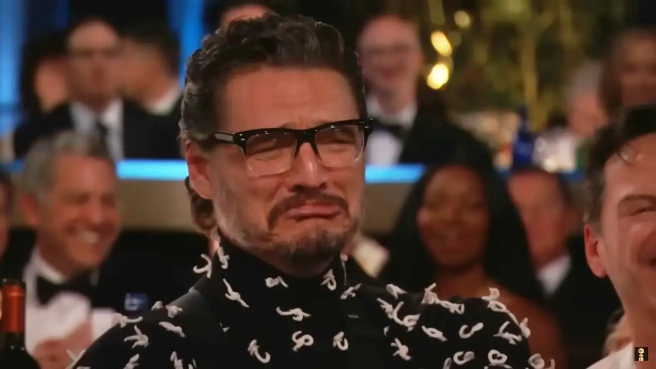 Pedro Pascal fake-crying at the Golden Globes