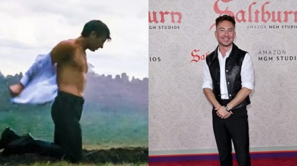 Left: Barry Keoghan's controversial grave scene in Saltburn. Right: Barry Keoghan at Saltburn premier