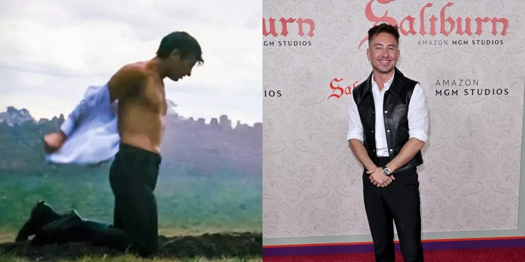 Left: Barry Keoghan's controversial grave scene in Saltburn. Right: Barry Keoghan at Saltburn premier