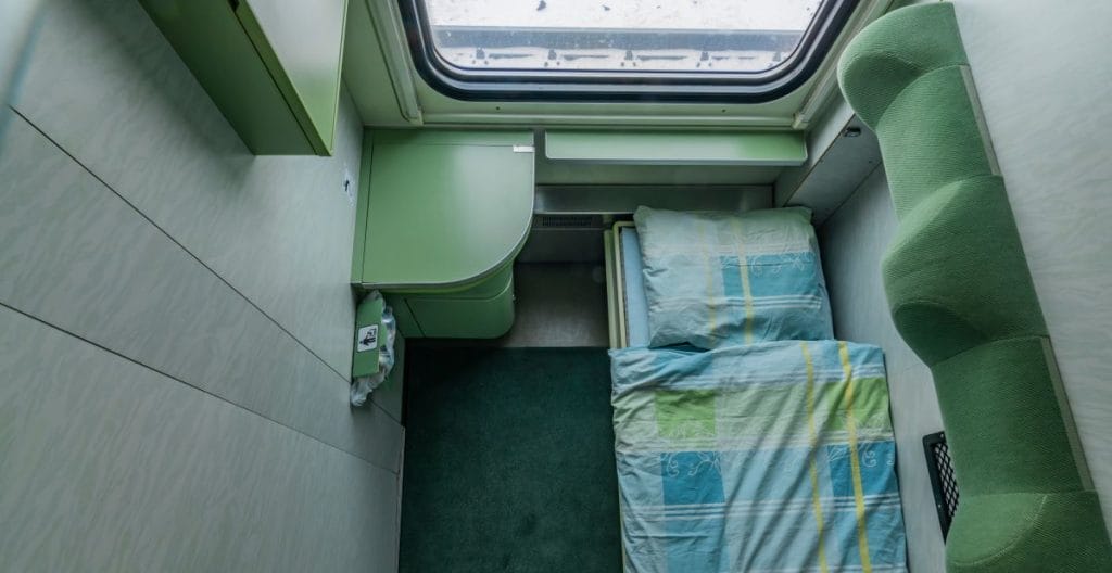 Interior of the night train from Prague to Slovakia with a single room.