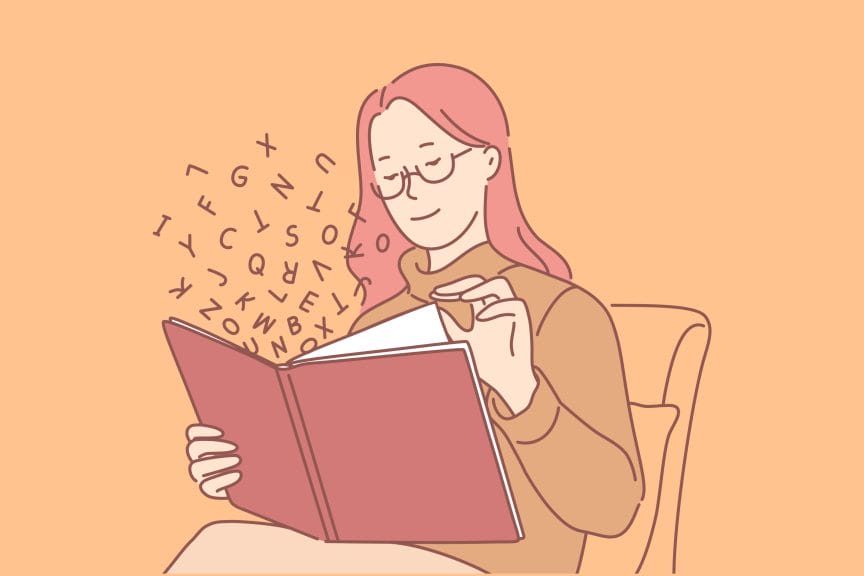Cartoon image of a woman reading a book.