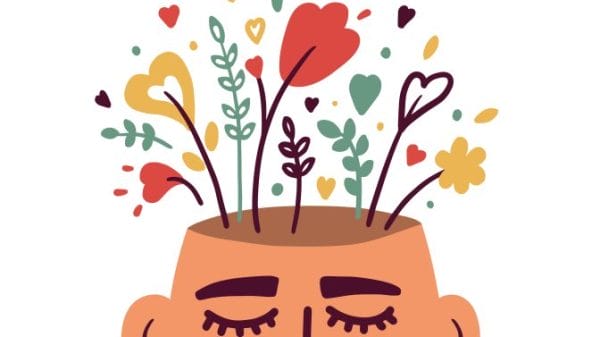 Image of face with closed eyes and flowers drawn growing out of head.