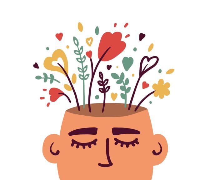 Image of face with closed eyes and flowers drawn growing out of head.