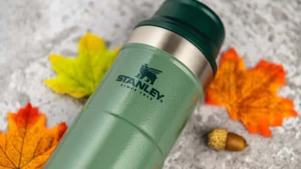 Green Stanley cup laid on concrete with fall covered leaves and acorns around it