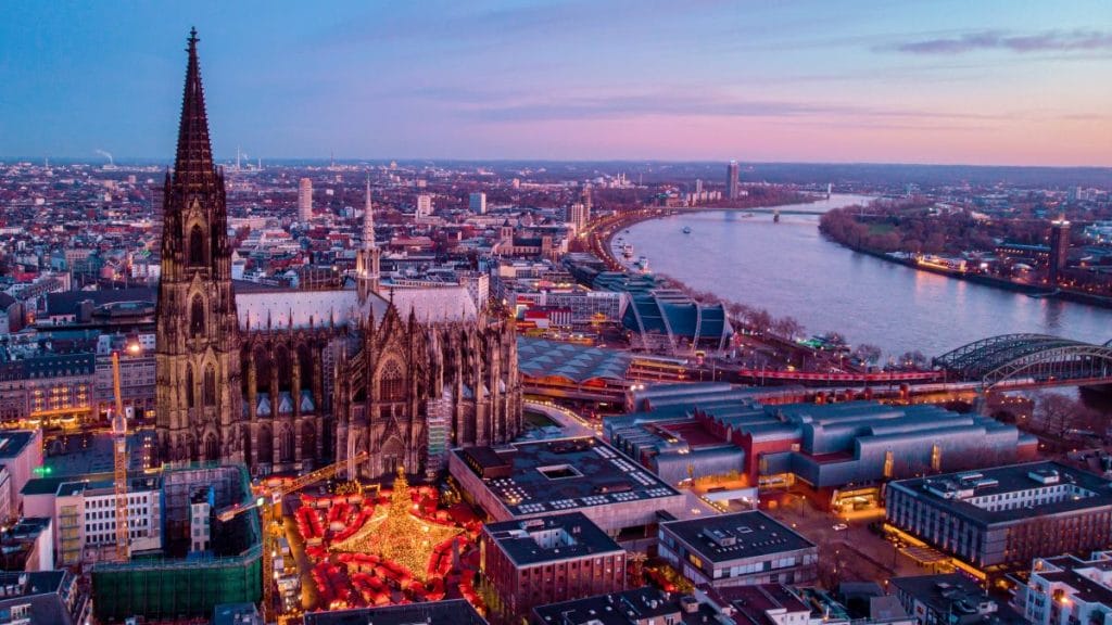 Aerial shot of Cologne Germany Christmas market and the Rhine.
