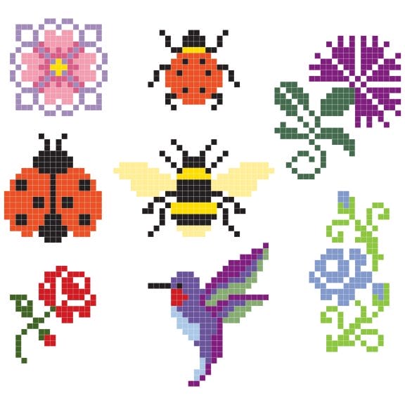 Cross stitch pattern featuring ladybugs, flowers and bees.