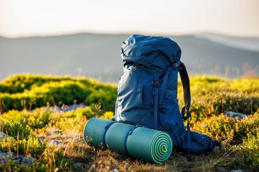 A hiking backpack in the mountains