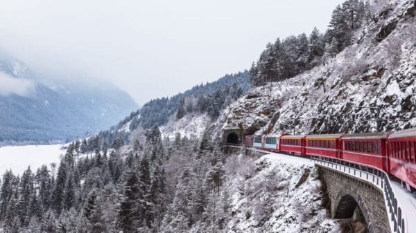 Switzerland's famous tourist train, the Glacier Express in winter