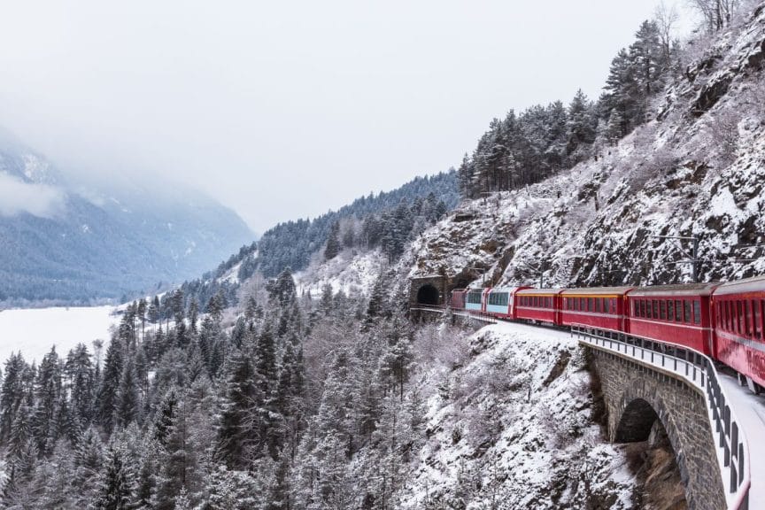Switzerland's famous tourist train, the Glacier Express in winter