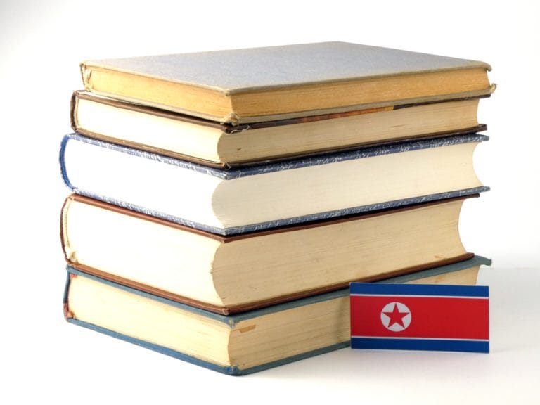 Stack of books with a mini North Korean flag posted in the side of the books