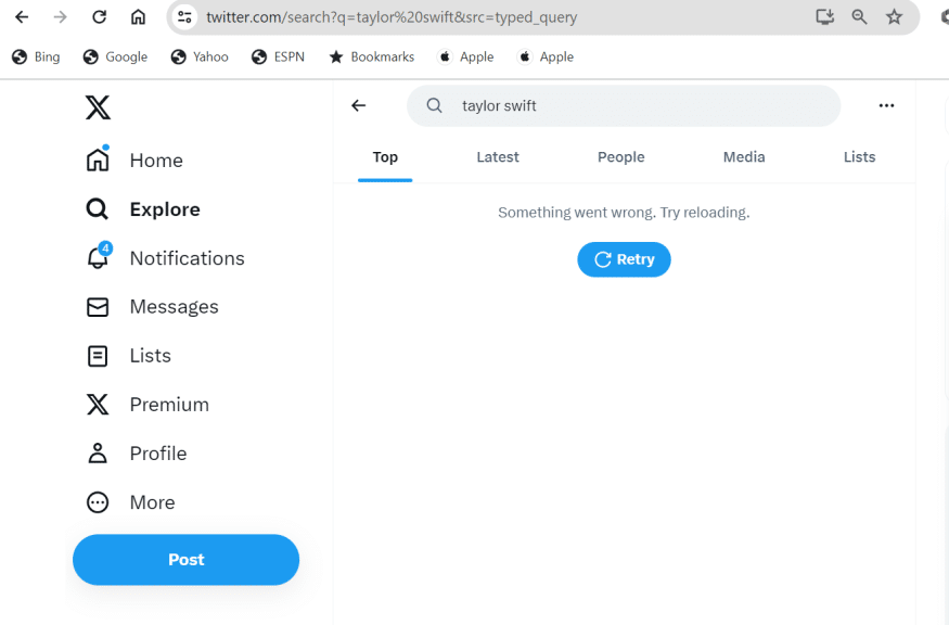 A screenshot of X that says 'something went wrong. Retry' when searching for Taylor Swift