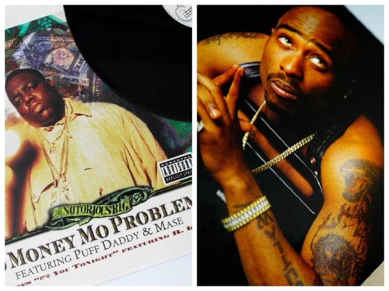 Picture of rapper The Notorious B.I.G. on the left, and a picture of rapper Tupac Shakur on the right.