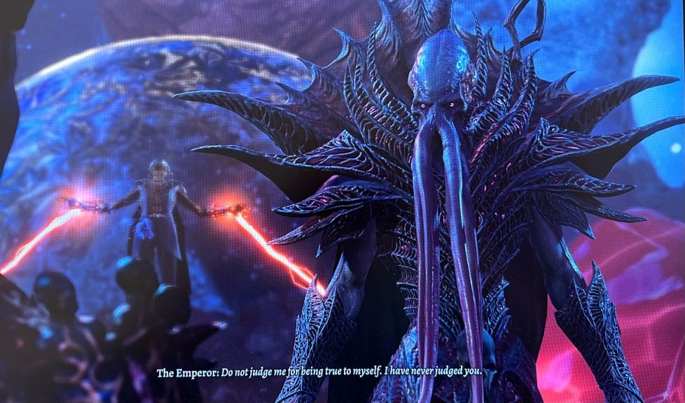 The Emperor, a mind flayer who has both supported and lied to the player character, asks them to trust him the way way he trusts them.