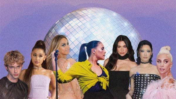Collage picture of Troye Sivan, Ariana Grande, Beyonce, Jessie Ware, Dua Lipa, Rina Sawayama, and Lady Gaga in respective order.