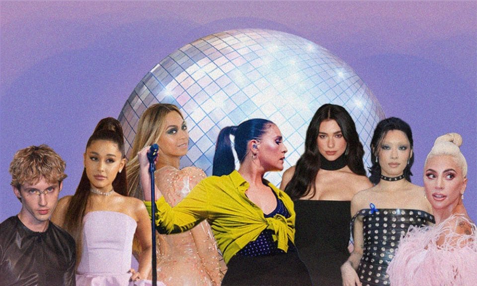 Collage picture of Troye Sivan, Ariana Grande, Beyonce, Jessie Ware, Dua Lipa, Rina Sawayama, and Lady Gaga in respective order.