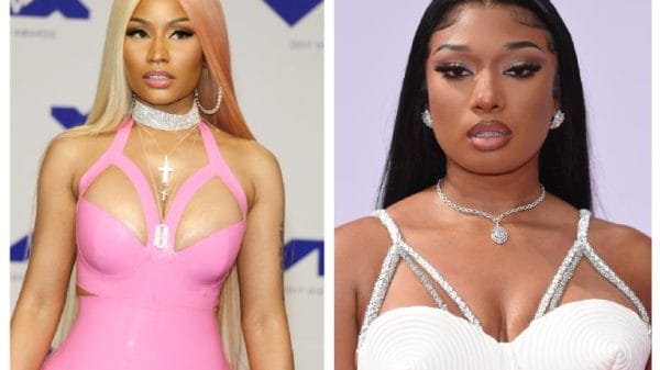 Rapper Nicki Minaj's image on the left, and rapper Megan Thee Stallion's image on the right.