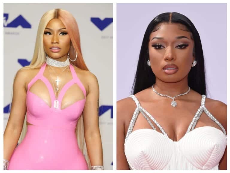 Rapper Nicki Minaj's image on the left, and rapper Megan Thee Stallion's image on the right.