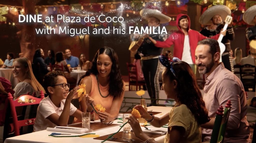 Screenshot of Disney Park's Sneak Peek into Disney Treasure, their new crusie line that says "Dine at Plaza de Coco
with Miguel and his Familia." 