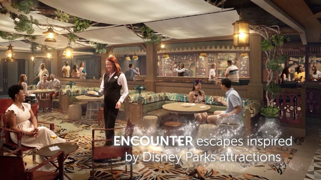 Screenshot of Disney Park's Sneak Peek into Disney Treasure, their new cruise line that says "Encounter escapes inspired by Disney Parks attractions."