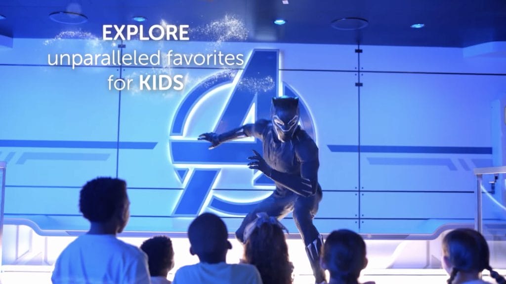 Screenshot of Disney Park's Sneak Peek into Disney Treasure, their new cruise line that says "Explore unparalleled favorites for Kids."