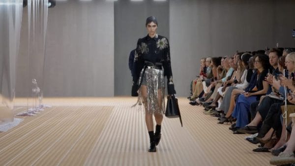Silver fringe shined on the runway of the Prada spring summer 2024 show.