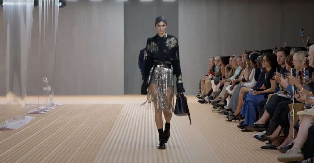 Silver fringe shined on the runway of the Prada spring summer 2024 show.