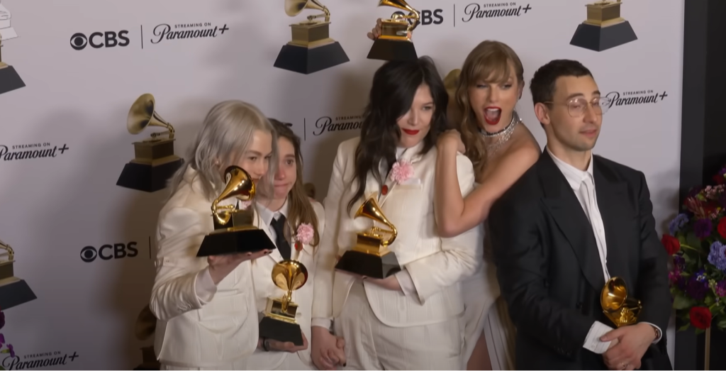 Grammys Highlight: Taylor Swift, boygenius, and Jack Antonoff pose for pictures after Grammys.