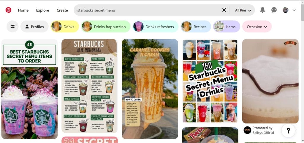 A screenshot of Pinterest with different Starbucks drinks
