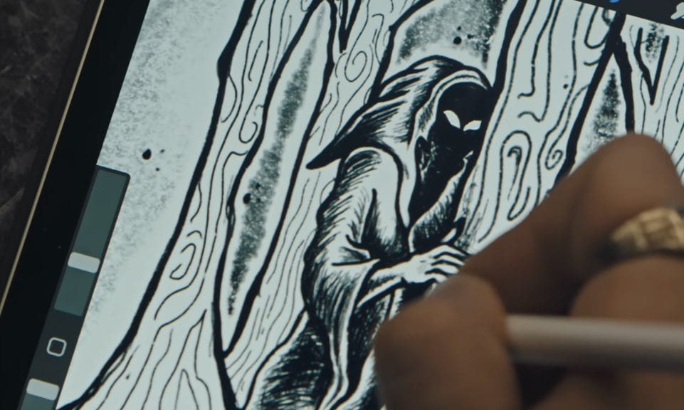 Ryan draws a hooded figure in the trees in new movie 'The Shade'
