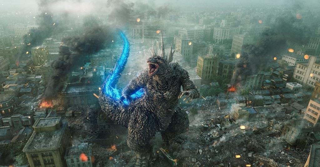 Godzilla wreaking havoc on Japan in Godzilla Minus One, nominated for one Oscar.