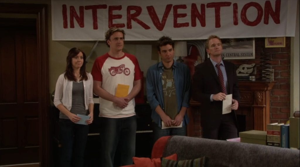 Some of the main characters are gathered together under a sign labeled "INTERVENTION". 
