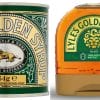 A gold and green tin reads 'Lyle's Golden Syrup' with an illustration of a dead lion surrounded by bees. Next to it is a semi-circle shape plastic bottle featuring the new logo of a happier lion face made of syrup