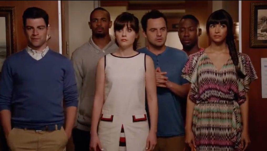 The characters of New Girl look suspiciously at their small room on board a romantic cruise.