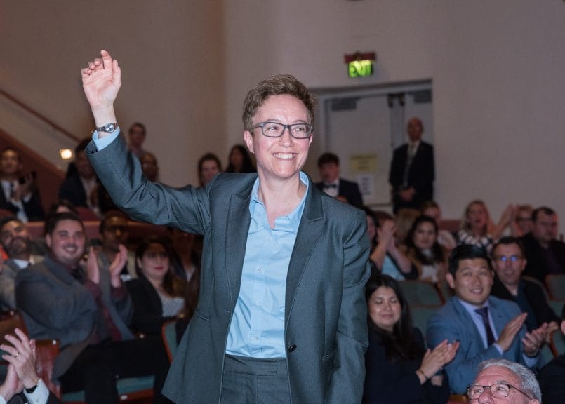 Tina Kotek, the first openly lesbian Speaker of the Oregon House of Representatives, waves during an appearance at an Equality California awards event.