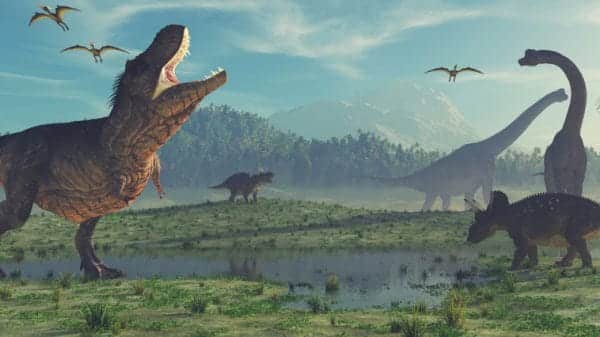 Image shows a 3D render of multiple dinosaurs.