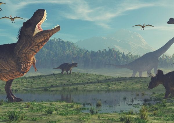 Image shows a 3D render of multiple dinosaurs.