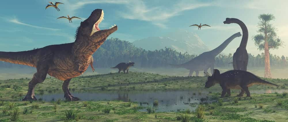 Image shows a 3D render of multiple dinosaurs.