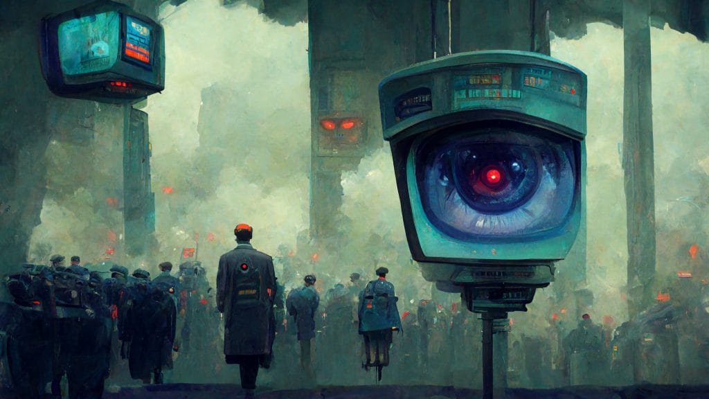 Dystopian illustration of cameras being integrated into society.