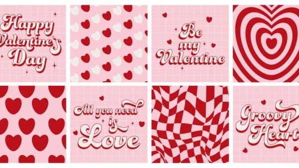 Picture showing 8 squares with different patterns all in light pink, red and white. Some of the squares have small hearts while others have quotes such as "Be my Valentine"
