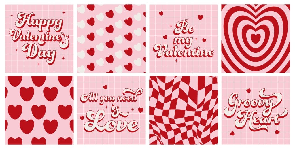 Picture showing 8 squares with different patterns all in light pink, red and white. Some of the squares have small hearts while others have quotes such as "Be my Valentine"