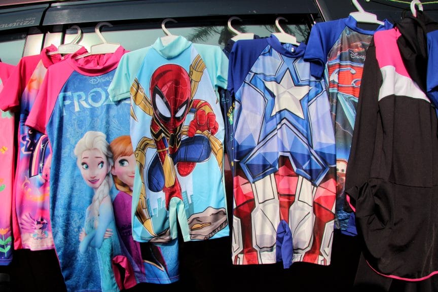 Children's clothing with TV and movie characters.