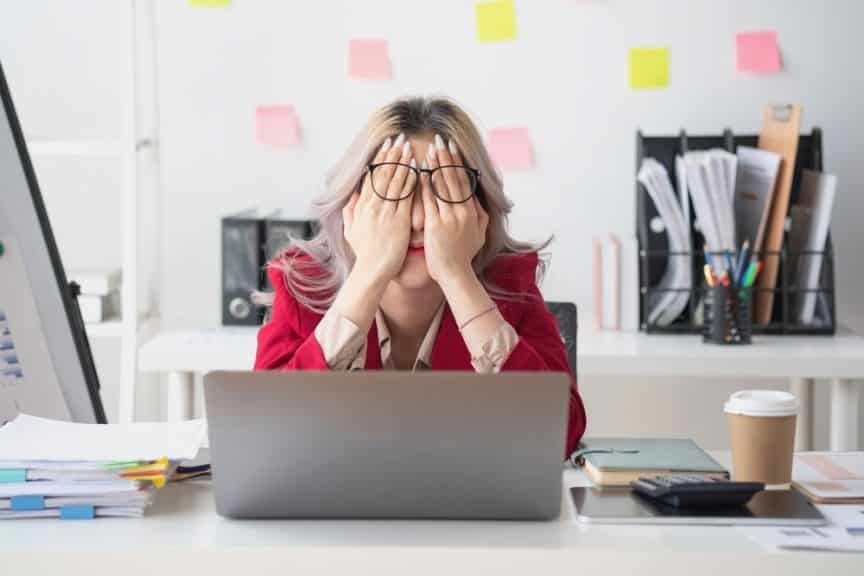 Concept Burnout Syndrome. Business Woman feels exhausted working.