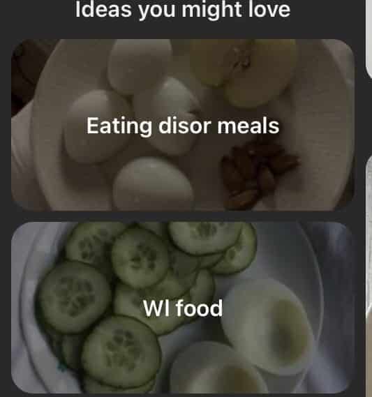 Two images showing boiled eggs and almonds in one. And the other showing cumber and boiled eggs in the other. 'Eating disor meals,' and 'WI food' are written over the two images. 