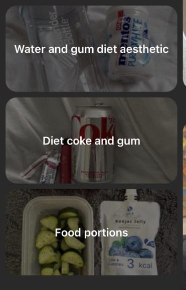 Three small images. One shows a water bottle and mentos. The other shows diet coke and gum, and the other shows a juice pouch with zucchini. 