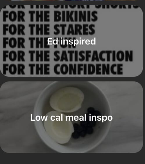 Two images that promote aesthetically healthy eating to getting into "better shape." The words, 'Ed Inspired' and 'Low cal meal inspo' are written over the images.