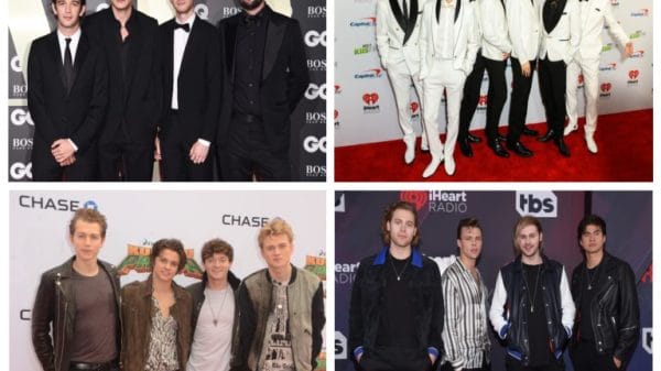 Boyband from Top left - The 1975, top right - BTS, bottom left - the vamps and bottom right 5 Seconds of Summer